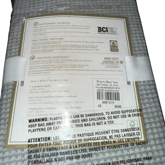 Pottery Barn Teen Henley Jersey Waffle Standard Sham Heather Gray 26x20 NEW - Picture 3 of 3